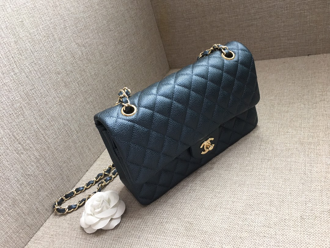 Medium Classic Flap Caviar Bag A01112 Dark Blue/Gold